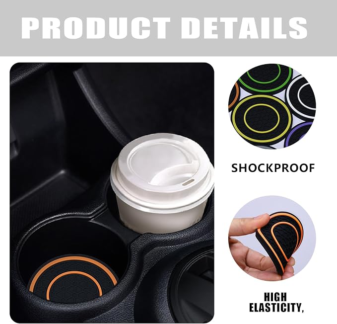 4 Pack Car Coasters for Cup Holder, 2.75 Inch Universal Auto Waterproof Coasters Silicon Insulation Cup Mats,No-Slip Anti Dust Insert Coaster for Woman Man, Suit for Vehicle Interior (Black/Orange)
