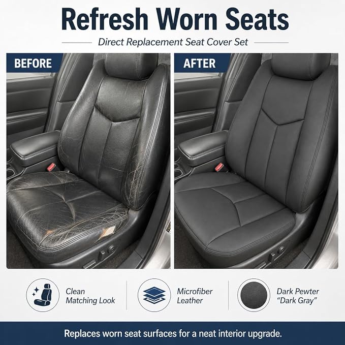 NLQR 6-Piece#692/69i Dark Gray Driver & Passenger Bottom+Top Lean+Armrest Replacement Microfiber Leather Seat Covers Custom Fit for Chevy Silverado Tahoe Suburban Avalanche GMC Sierra Yukon 2003-2006