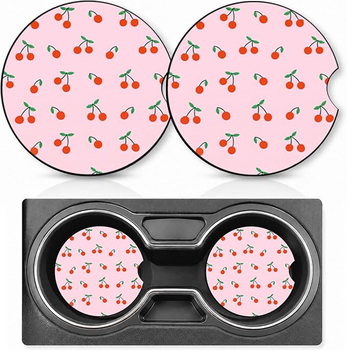 2PCS Cherry Car Cup Holder Coasters Neoprene Car Coasters Universal | 2.75" Anti-Slip Rubber Mat with Finger Slot for Vehicle SUV Truck Cars Accessories Cherry Gifts for Women Men