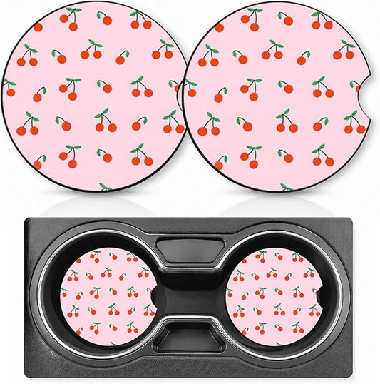 2PCS Cherry Car Cup Holder Coasters Neoprene Car Coasters Universal | 2.75" Anti-Slip Rubber Mat with Finger Slot for Vehicle SUV Truck Cars Accessories Cherry Gifts for Women Men