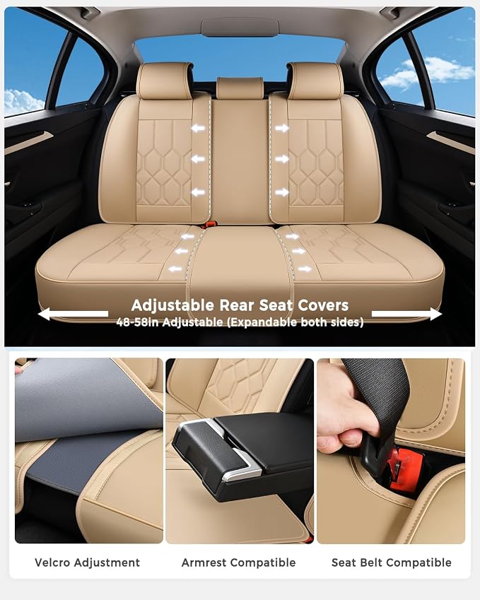 Huidasource Seat Covers Full Set, Universal Fit for Cars SUVs Trucks, Beige | Full Coverage Leather Car Seat Cover, Airbag, Cupholder Compatible, Seat Function Retain, Velcro Adjustable