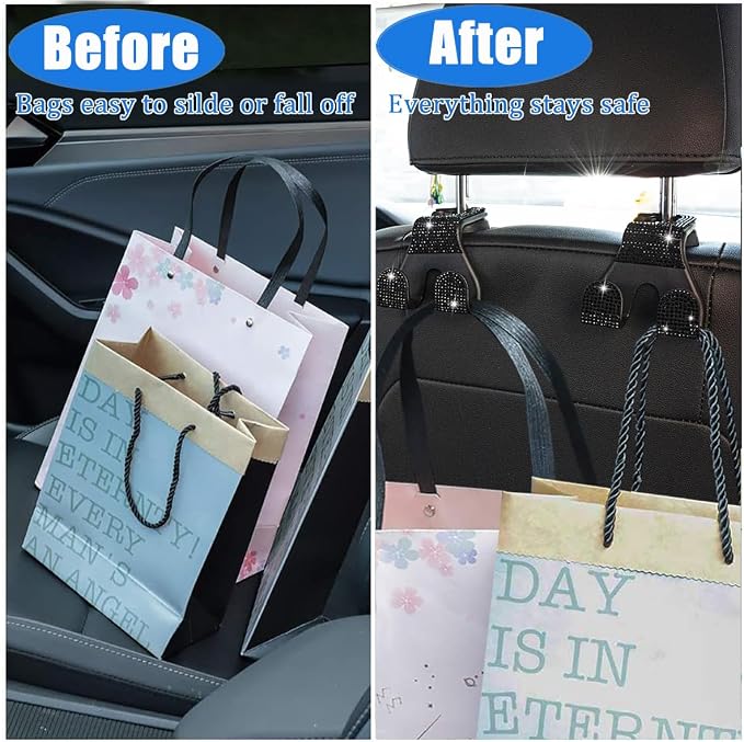 Bling Car Purse Hooks 2Pcs, Rhinestones Car Headrest Hook Backseat | Double Hooks,Holds 44Lbs,Wide Opening,Durable Nylon,Car Seat Hook,Purse Holder,Bling Car Accessories for Women,Black