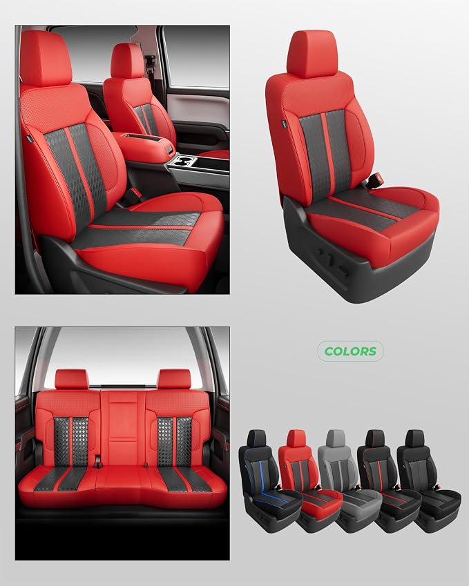 Custom Leather Seat Covers for 2014-2018 Sierra/Silverado 1500 | Only Crew Cab, Fits 2500/3500HD 2015-2020, no Rear Armrest/Seatback Storage, Waterproof, Scratch-resistant, Easy-clean
