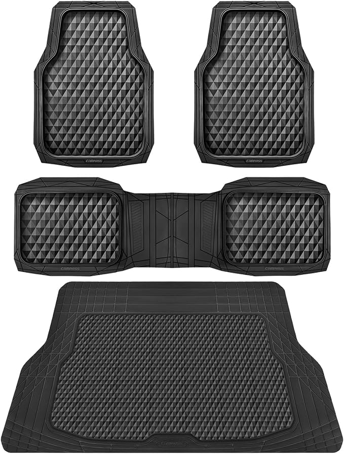 CAR PASS Heavy Duty Rubber Black Car Floor Mats & Cargo Liners, Deep Dish All-Weather Trunk Mats Durable Anti-Slip 3D Rhombus Waterproof Trim to Fit Liner Universal Fit Auto,Sedan,SUV,Truck, Black