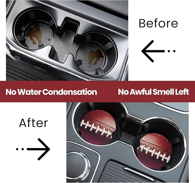 2 Pack Football Car Coasters for Men Women Car Cup Holder Coasters, 2.63 Inch Anti Slip Ceramic Absorbent Coaster with Cork Base and Finger Notch, Funny Car Accessories Interior