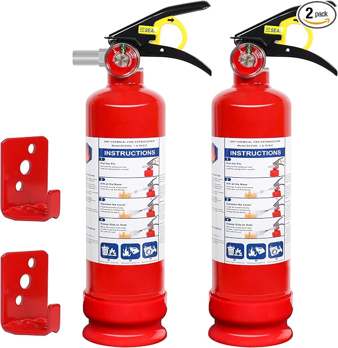 2-Pack ABC Dry Powder Fire Extinguishers, 2.5lb 1A:10B:C Multi-Class Fire Safety Gear with Quick Release Handle, Portable Fire Extinguisher for Home Kitchen Car Truck RV Boat Office