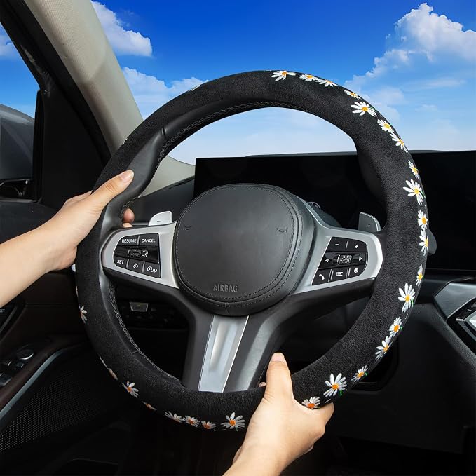 Embroidered Daisy Cute Black Steering Wheel Cover, Auto Anti-Slip Breathable Rubber Steering Wheel Protector, Floral Car Accessories for Women,Universal Size Fit Most Cars -15 inch