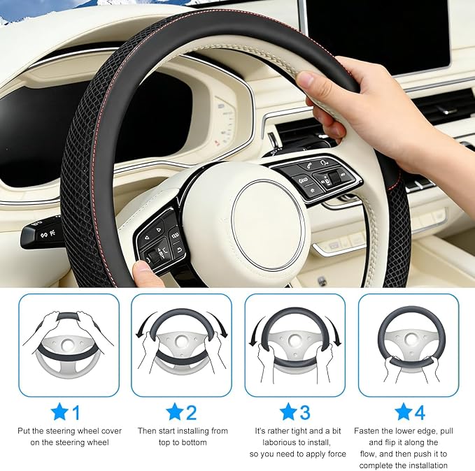 Car Steering Wheel Cover, 14.5-15" Microfiber Leather Ice Silk Breathable Non-Slip Steering Wheel Protector, Cool Auto Interior Decor Accessories, Universal for Truck SUV Van (Black)