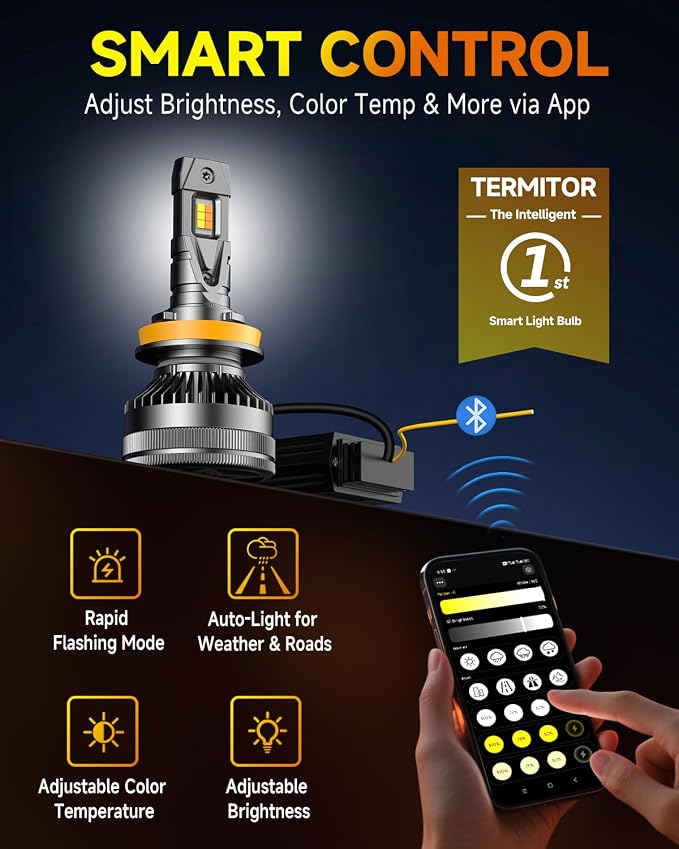 Termitor Latest H11/H9/H8 Smart Light Bulb, Up 20X 0-166,000LM Variable Brightness, 3000K to 6500K App Control Color, One-touch Driving Mode Switching, 360° Adjustable Quick Install, Pack of 2