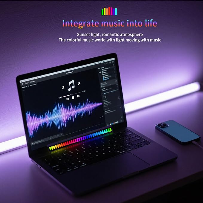 RGB Sound-Activated Music Rhythm Car Ambient Light, 2packs | Gaming or Party Atmosphere, Sound-Sensitive Pulsing, Rechargeable Battery, Soft RGB Lighting, Type-C Charging