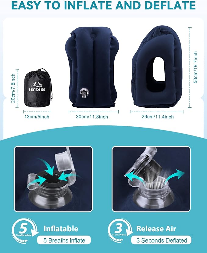 Inflatable Travel Pillow, Airplane Neck Pillow Comfortably Supports Head and Chin for Airplanes, Trains, Cars and Office Napping with 3D Eye Mask, Earplugs and Portable Drawstring Bag (Blue)