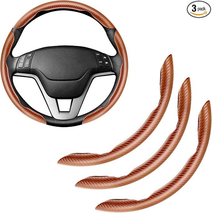Amiss 3pcs Carbon Fiber Anti-Skid Steering Wheel Cover, Waterproof & Segmented Butterfly Design, Universal 99% Vehicle Wheel Cover Protector, Car Interior Accessories (Champagne-3pcs)