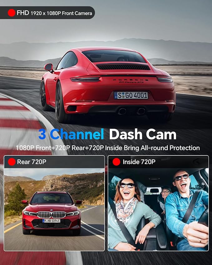 Dash Cam Front and Rear Inside 3 Channel, 1080P Dashcam with 64GB Card | Dash Camera for Cars with 24H Parking Monitor, Super Night Vision, Loop Recording, G-Sensor, WDR, 2.3" Screen for Taxi