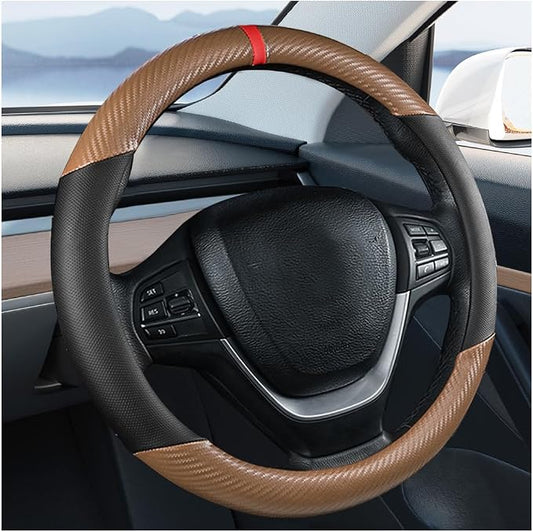 Carbon Fiber Car Steering Wheel Cover, Leather Breathable Automotive Wheel Protector, 15 Inch Anti-Slip Vehicle Interior Steering Accessories, Universal for SUV Truck Sedan (Coffee)