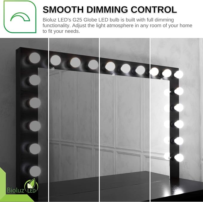 Bioluz LED G25 Globe Vanity Light Bulbs, 60W Equivalent, 2700K Warm White, 90 CRI, 450 Lumens, Dimmable, E26 Base – Bathroom Mirror Lighting 6 Pack