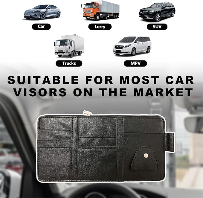 Ohleats Car Sun Visor Organizer, Multifunctional Visor Storage Holder for License Pen Key, Leather Card Cash Pouch with Multi-Pocket Net Zipper, Universal Interior Car Accessories (Black)