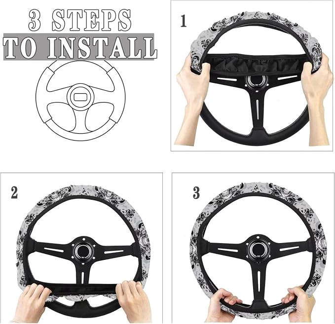 AFPANQZ Steering Wheel Protection for Automotive Steering Wheel Covers | Skull Floral Grey, 14-15 In, Sweat Absorption Comfort Grip for Driver Women Men