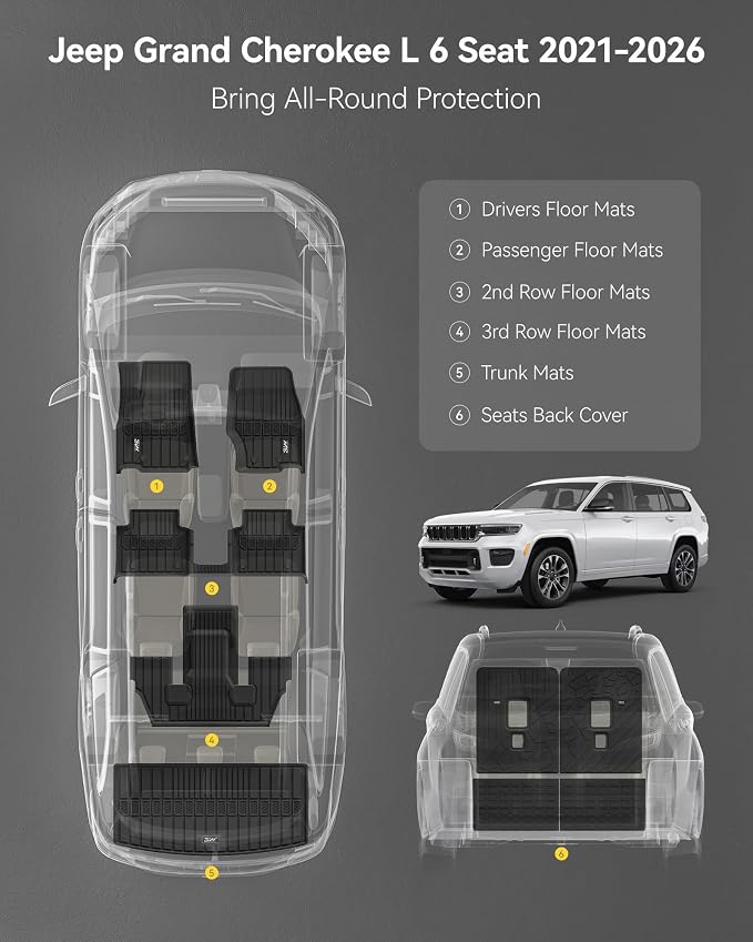 3W Floor Mats & Cargo Liner & Seatback Mats Fit with Jeep Grand Cherokee L 2021-2025 2026 (6-Seats w/o 2nd Row Center Armrest Only), All-Weather Full Set TPE Car Mats, Black