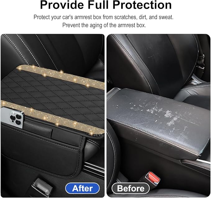 NBTEPEM Bling Car Center Console Cover, Leather Car Arm Rest Cover Cushion with 2 Storage Bags, Universal Auto Armrest Protector, Bling Accessories Interior for Most Vehicles(Champagne Diamond)