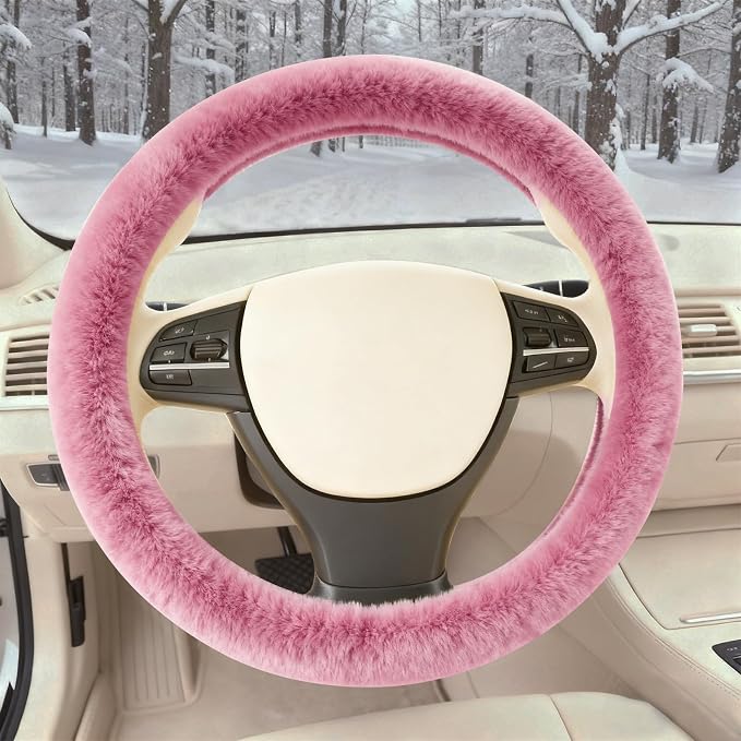 Furry Warm Steering Wheel Cover, Universal 14.5-15 Inch Winter Plush Warm Steering Wheel Cover, Soft Fluffy, Anti-Slip Design, Soft Texture (Pink)