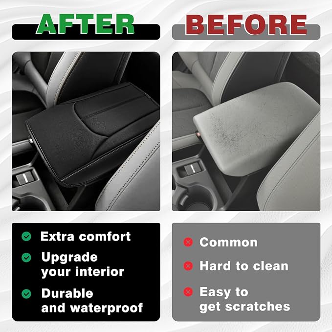 Muslogy Center Console Armrest Cover Fit for Subaru Forester 2025 Accessories, Comfort Armrest Pad Console Lid Cushion Vegan Leather Regular Thick (Black/Gray Stitching)