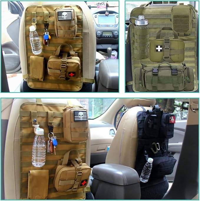 Car Seat Back Organizer, Tactical MOLLE Sag Proof Vehicle Panel Backseat Cover Protector, Universal Molle Nylon Storage Bag Seat Back Hanger Pad for Car Truck SUV Pickup (Army Green)