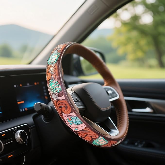 Western Cowboy Steering Wheel Cover - Retro Tooled Leather, Embossed Hand-Painted Design, Universal 15 Inch Anti-Slip Cover for SUV, Truck, Car, Breathable All-Weather, Easy to Install (Style-E)