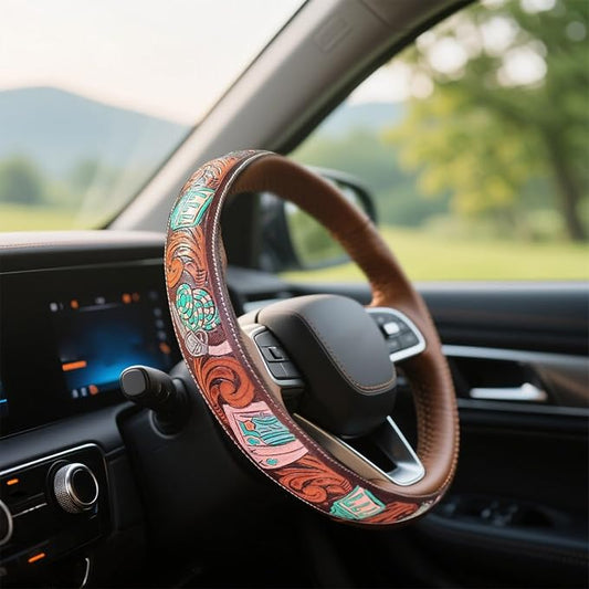 Western Cowboy Steering Wheel Cover - Retro Tooled Leather, Embossed Hand-Painted Design, Universal 15 Inch Anti-Slip Cover for SUV, Truck, Car, Breathable All-Weather, Easy to Install (Style-E)