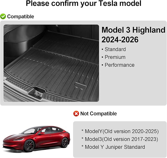 Trunk Mat Compatible with Tesla Model 3 2024 2025 2026 (Highland) - Custom Fit All-Weather TPE Cargo Liner, Waterproof Rear Boot Mat, Heavy Duty Anti-Slip Interior Accessories, Black