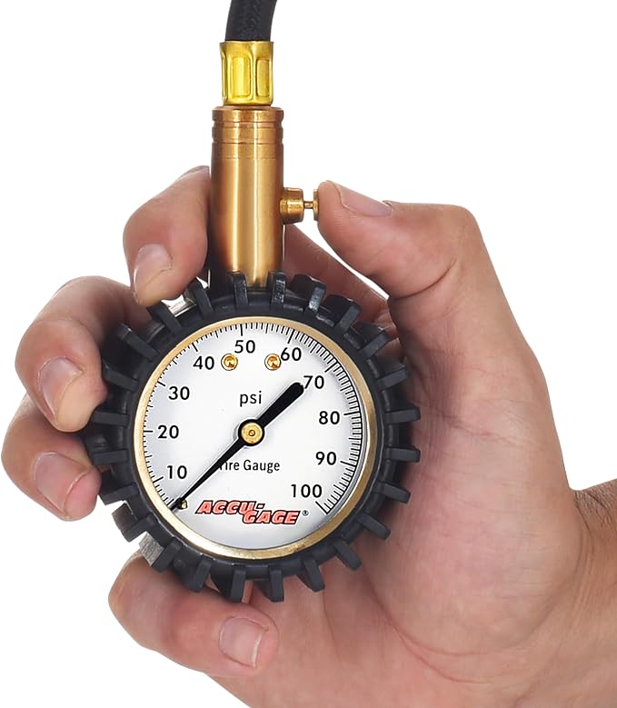 Accu-Gage RH100XA Tire Pressure Gauge with Hose and Protective Rubber Guard, Angled Swivel Chuck, 100 PSI