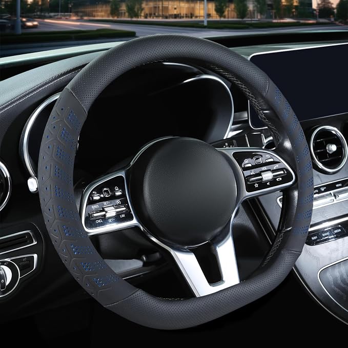 3D Soft 15 inch Leather D Shape Steering Wheel Cover Black Blue | Breathable Anti-Slip Premium Skin-Feel Perforated Thin Nappa Leather, Universal 14.5 inch to 15 inch