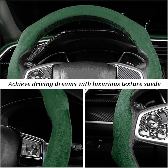 Car Steering Wheel Cover, Soft Brethable Suede Non-Slip Vehicle Steering Wheel Protector, Comfortable Sporty Auto Interior Protection Accessories, Universal for Truck SUV Van (Dark Green)