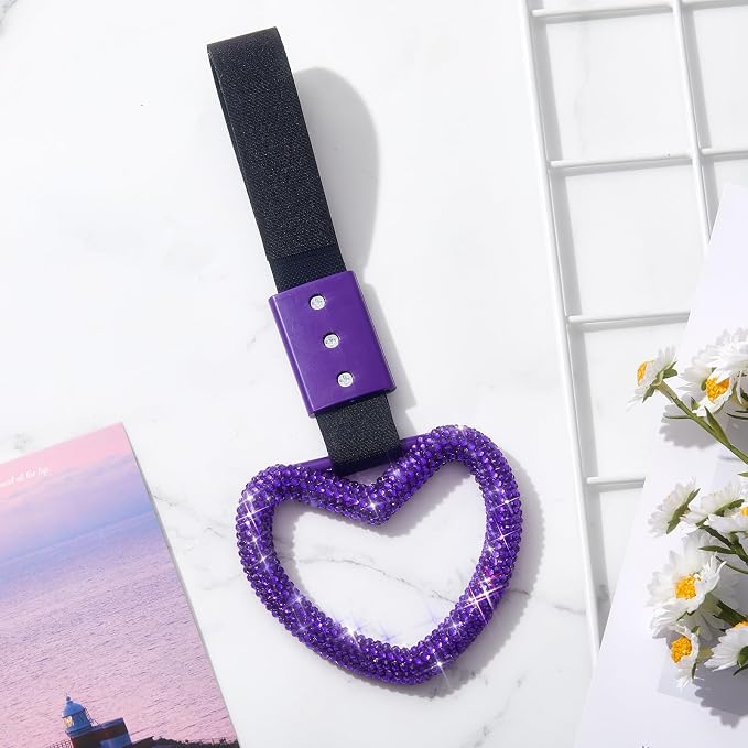 Fabbay Bling Car Accessories Bling Heart Handle Ring Car Accessory for Women Hand Strap Drift Charm Rear Bumper Warning Ring Decor for Auto Bus Interior Exterior Decoration (Purple, Heart Style)