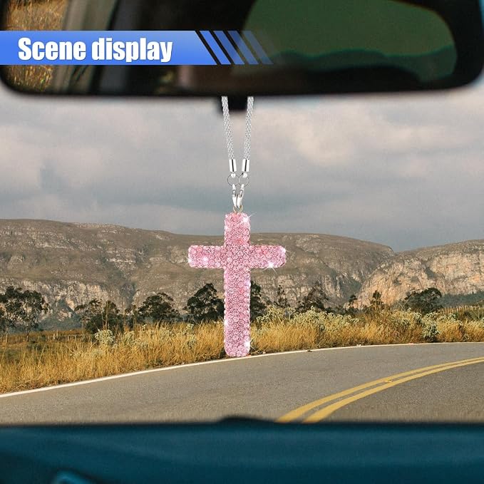 ZIMISI Bling Cross Car Hanging Ornament, Crystal Rhinestone Car Rearview Mirror Pendant for Women, Diamond Rear View Mirror Charm Present, Universal Vehicle Interior Decoration Accessory (Pink)
