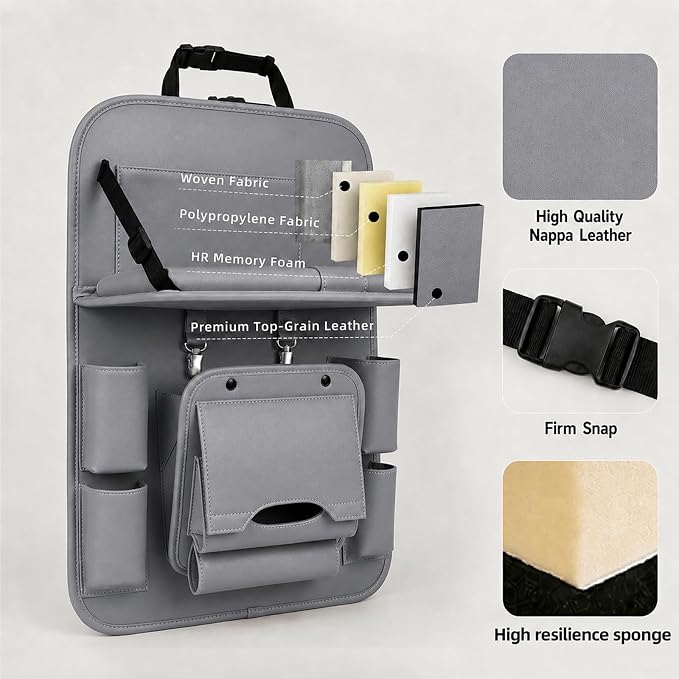 2 Pack Car Backseat Organizer with Foldable Table Tray, PU Leather Seat Back Organizer with Trash Bin, Tablet Holder, Kick Mat Protector, Back Seat Storage for Cars, Gray