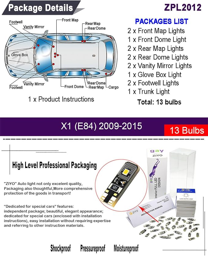 ZIYO ZPL2012 (13 Bulbs) LED Interior Light Kit Replacement for BMW E84 X1 2009-2015 Accessories, 6000K Xenon White Dome Light Bulbs Upgrade Error Free