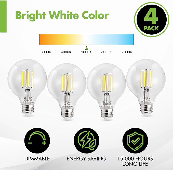 KOR LED G25 Filament Globe Bulbs, 4 pack, 40 Watt Equivalent, 5000K Bright White, Edison Dimmable 4.5W, E26 Medium Base, 360 Lumens, CRI 90, Clear Glass Light Bulbs for Bathroom, Makeup Mirror, Vanity