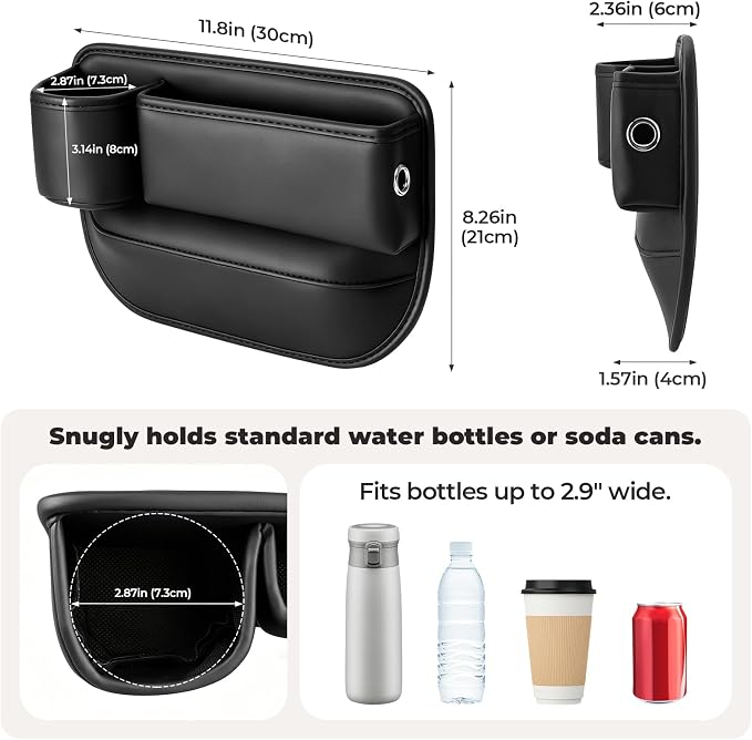 Universal Fit Car Seat Gap Filler Organizer | Extra Storage Organizer with Cup Holder | Easy Access | Premium Leather | Black | 2 Pack
