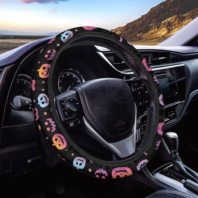 Wanyint Auto Steering Wheel Cover Unviersal 15 Inch Steering Wheel Wrap Cover Halloween Car Interior Accessories Decor for All Seasons, Pumpkin Gradient