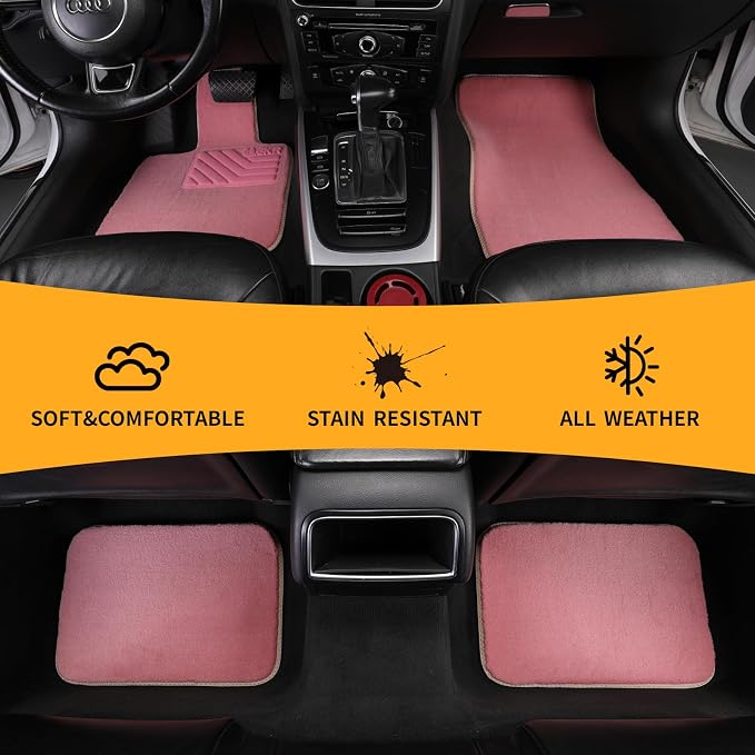 EKR All-Weather Universal Floor Mats,Thick Anti-Slip Car Carpet(Pink) | 0.5 inch Thick Anti-Slip Automotive Floor Mat with Driver Heel Pad Fit for SUV/Vans/Sedans/Trucks,Pink Carpet 4pcs Full set