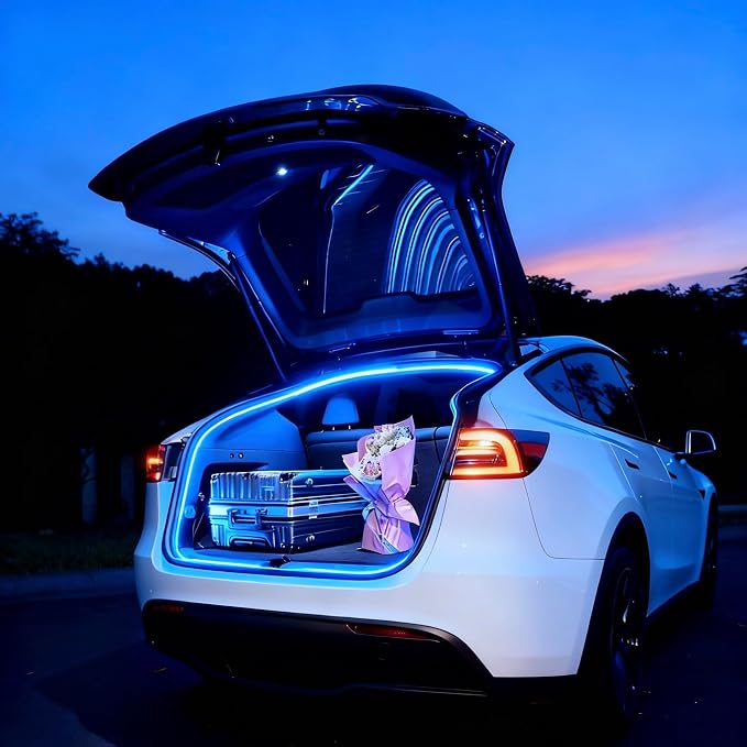 Trunk LED Ambient Neon Light Strips for Tesla Model Y & Juniper (2021-2026) - Waterproof Silicone, High Brightness, APP-Controlled, Auto On&Off, for Car Trunk & Camping Atmosphere (Blue)