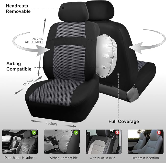 CAR PASS Air Mesh Car Seat Covers Front Seats Only, Universal Seat Covers for Car Fit SUV,Vans,Sedan,Trucks, Breathable Automotive Interior Seat Covers Airbag Compatible (Black Charcoal Gray)