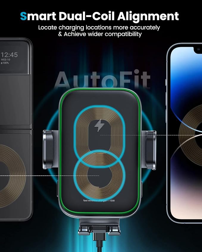 APPS2Car Dual Coil Wireless Car Charger Auto Clamping 15W Cup Holder Phone Wireless Charging Mount Tri-Pivots Height Adjustable Fast Charge for Cars, SUVs & Trucks, for iPhone 12-17, Samsung, etc.