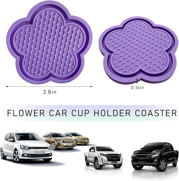 DXNQ 4 PCS Car Cup Coasters, Cute Flower Shaped Car Cup Holder Mat, PVC Waterproof Anti Slip Vehicle Cup Holder Insert Coaster, Universal Car Interior Decor Accessories (Purple)