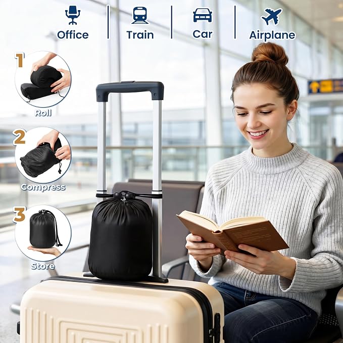 ExploreBliss Travel Pillow, 2 Pack Travel Pillows for Sleeping Airplane, Neck Pillow Airplane, Memory Foam Neck Pillow Set with Eye Mask, Earplugs and Storage Bag -Black & Pink