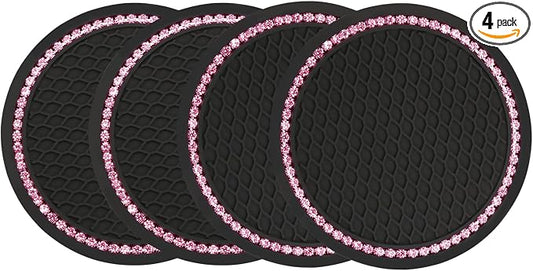 Yousheng 4PCS Bling Car Cup Coaster, Universal Holder Insert Rhinestone Anti Slip Silicone Accessories Suitable for Most Interior, Best Gift Women, Black and Pink