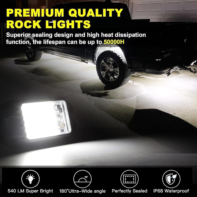 Nicoko 8 Pods 6000K pure White Rock lights Aluminum 9-30V Underglow Lights IP68 Waterproof Neon Trail Rig Lamp Lighting for SUV Car Truck Motorcycle Boat ATV UTV
