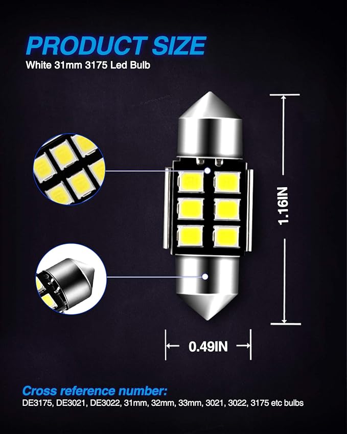 Marsauto DE3175 LED Bulb 31mm Festoon LED Bulbs White 1.2inch Super Bright 300LM 6500K 2835SMD 3175 DE3021 3022 3021 for Car Interior Dome Map License Plate Lights RV Interior Lighting Pack of 4
