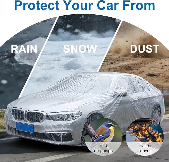 3 Pack Universal Plastic Car Cover, 12. 5 x 21. 7 ft Disposable Clear Waterproof Full Exterior Cover with Elastic Band for Automobiles Sedan Outdoor Snow Rain Weather