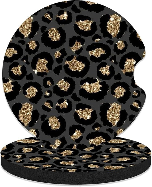 Car Coasters for Cup Holders - Black Gold Leopard Print | 2 Pack Anti Slip Universal Rubber Car Cup Coaster for Women Men, Car Interior Accessories